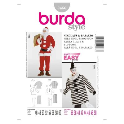 Patron de costume Burda 2466 - Père Noël & Bouffon - Tailles 46-60 Patron de costume Burda 2466 - Père Noël & Bouffon - Tailles 46-60