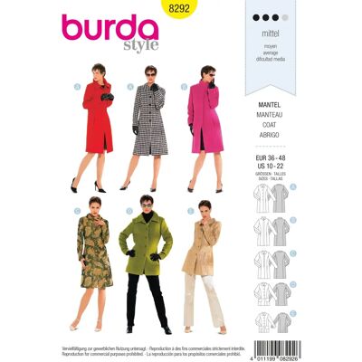 Burda Modello 8292 Cappotto - Modello per un cappotto, Difficoltà media, Taglie 36-48 Burda Modello 8292 Cappotto - Modello per un cappotto, Difficoltà media, Taglie 36-48