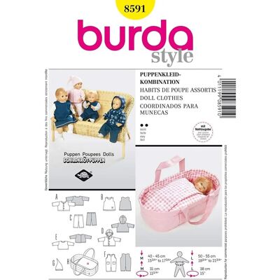 Patron de vêtements poupée Burda 8591 - Robe, veste, T-shirt, pantalons, combinaison, bonnet - Publicité Patron de vêtements poupée Burda 8591 - Robe, veste, T-shirt, pantalons, combinaison, bonnet - Publicité