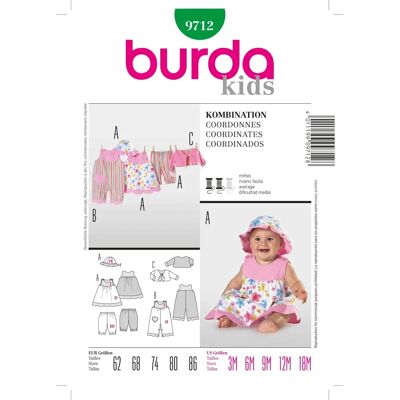 Wzór Burda 9712 dla niemowląt - Sukienka, Ogrodniczki, Kurtka Wzór Burda 9712 dla niemowląt - Sukienka, Ogrodniczki, Kurtka