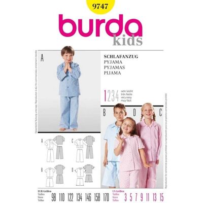 Modello Burda 9747 - Scheda di cucito per pigiami bambini Modello Burda 9747 - Scheda di cucito per pigiami bambini