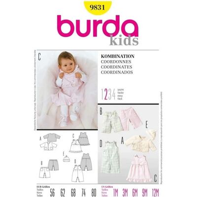 Burda 9831 mönster för babytillbehör - Enkel klänning, byxor, mössa Burda 9831 mönster för babytillbehör - Enkel klänning, byxor, mössa