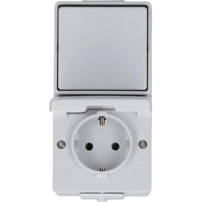 Jung 676 W - Interrupteur & Prise - IP44 - Gris - Publicité Jung 676 W - Interrupteur & Prise - IP44 - Gris - Publicité