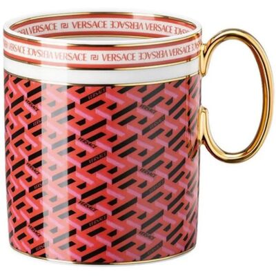 Versace La Greca Signature Rote Becher - Porzellan, Goldakzente, Zylindrisch Versace La Greca Signature Rote Becher - Porzellan, Goldakzente, Zylindrisch
