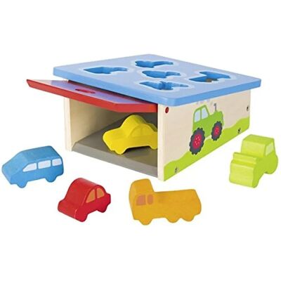 Goki Holzformensortierspielzeug - 5 Fahrzeuge & Garage - Kleinkindspiel Goki Holzformensortierspielzeug - 5 Fahrzeuge & Garage - Kleinkindspiel
