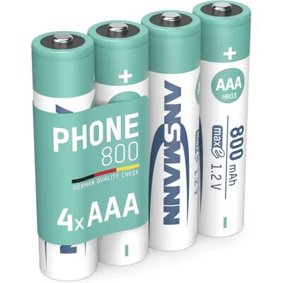 Ansmann AAA Uppladdningsbara Telefonbatterier - 800 mAh NiMH - Pack av 4 Ansmann AAA Uppladdningsbara Telefonbatterier - 800 mAh NiMH - Pack av 4