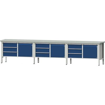 Mesa de taller extra ancha ANKE - Superficie de acero - 3 puertas - 9 cajones - 890mm de altura Mesa de taller extra ancha ANKE - Superficie de acero - 3 puertas - 9 cajones - 890mm de altura