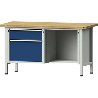 Banco de trabajo de haya - Marco en acero modular - 2 cajones - 1 estante - Superficie en madera de haya maciza - Azul RAL 5010 Banco de trabajo de haya - Marco en acero modular - 2 cajones - 1 estante - Superficie en madera de haya maciza - Azul RAL 5010