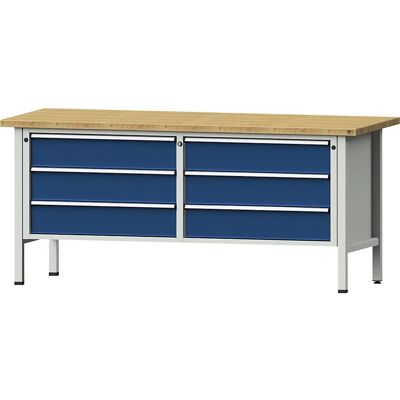 Banco de trabajo ANKE 2000 mm - Encimera de haya maciza, 6 cajones, RAL 5010 Banco de trabajo ANKE 2000 mm - Encimera de haya maciza, 6 cajones, RAL 5010