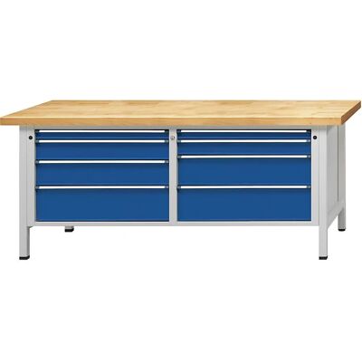 Anke XL/XXL Werkbank - 8 Schubladen, Buchenholz, Blau Front Anke XL/XXL Werkbank - 8 Schubladen, Buchenholz, Blau Front