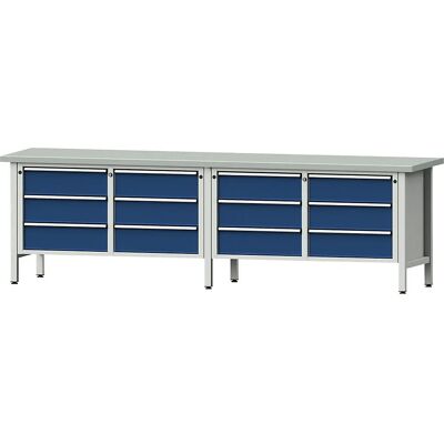 ANKE 2800 mm Werkbank - 12 Schubladen, Stahlplatte, Blau RAL 5010 ANKE 2800 mm Werkbank - 12 Schubladen, Stahlplatte, Blau RAL 5010