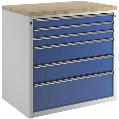 ANKE Stahlwerkstatt-Schrank - Hellgrau / Blau, 6 Schubladen ANKE Stahlwerkstatt-Schrank - Hellgrau / Blau, 6 Schubladen