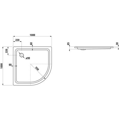 LAUFEN Vasca de duș în formă de sfert de cerc - Alb, 1000x1000x65 mm LAUFEN Vasca de duș în formă de sfert de cerc - Alb, 1000x1000x65 mm