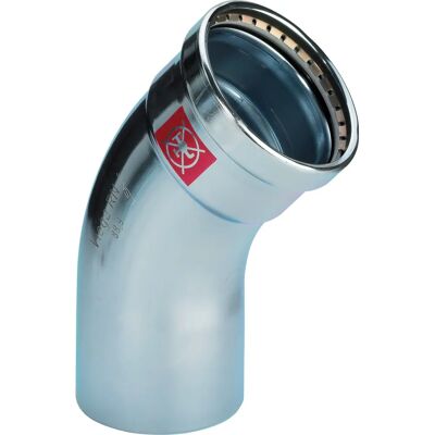 Conector de tubería Viega Prestabo - 597719 - 108 mm, 45° - Acero galvanizado Conector de tubería Viega Prestabo - 597719 - 108 mm, 45° - Acero galvanizado