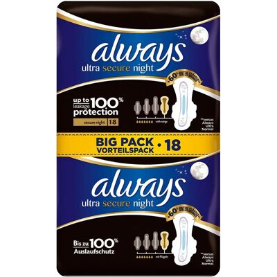 Always - Ultra Secure Night - Size 4 - Wings - Sanitary Towels Always - Ultra Secure Night - Size 4 - Wings - Sanitary Towels