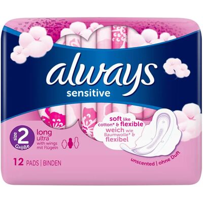 Always - Always Sensitive Long Plus - Wings - 12 Pack - Sanitary Towels Always - Always Sensitive Long Plus - Wings - 12 Pack - Sanitary Towels