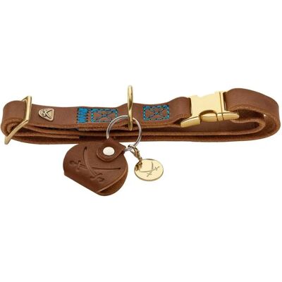 Hunter Sansibar Leather Dog Collar - Adjustable, Blue Stitch, Cognac - Dog Collar Hunter Sansibar Leather Dog Collar - Adjustable, Blue Stitch, Cognac - Dog Collar
