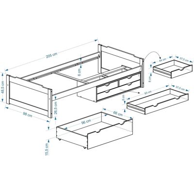 Idimex - Lit Fonctionnel Avec Rangements 90 X 200 Cm Pin Massif Vernis Naturel Et Blanc - Bed Idimex - Lit Fonctionnel Avec Rangements 90 X 200 Cm Pin Massif Vernis Naturel Et Blanc - Bed