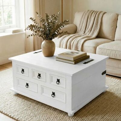 Table basse en pin blanc Idimex avec rangement - Table avec 5 tiroirs - Publicité Table basse en pin blanc Idimex avec rangement - Table avec 5 tiroirs - Publicité