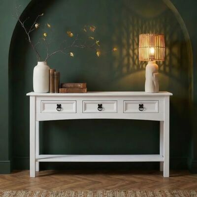 Table console blanche en pin massif style mexicain - 3 tiroirs - Publicité Table console blanche en pin massif style mexicain - 3 tiroirs - Publicité