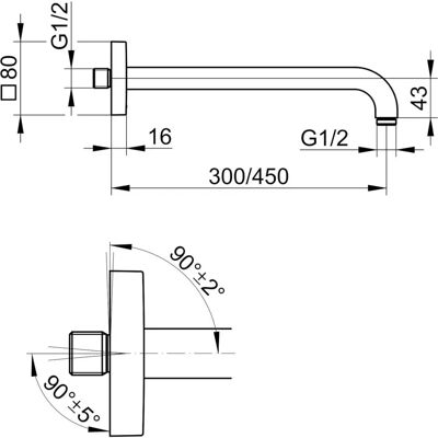 KEUCO Brausearm - Messing gebürstet - 300mm - Wandmontage - Eckige Rosette KEUCO Brausearm - Messing gebürstet - 300mm - Wandmontage - Eckige Rosette
