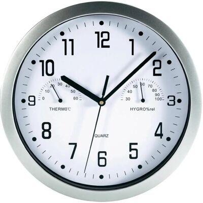 Orologio da parete a quarzo MEBUS con termometro e igrometro - 25,5cm Argento Orologio da parete a quarzo MEBUS con termometro e igrometro - 25,5cm Argento