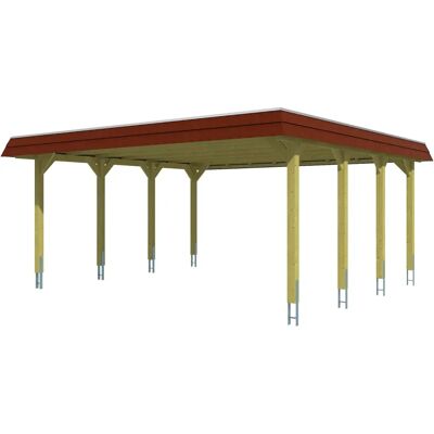 SKANHOLZ Spreewald Carport - Grün, 585x589cm, Aluminium Dach, Rote Blende - Carport SKANHOLZ Spreewald Carport - Grün, 585x589cm, Aluminium Dach, Rote Blende - Carport