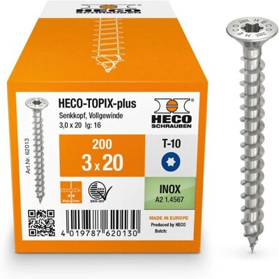 Tornillo Heco-Topix-Plus 3x20 mm Cabeza avellanada rosca variable T10 - 200 unidades Tornillo Heco-Topix-Plus 3x20 mm Cabeza avellanada rosca variable T10 - 200 unidades