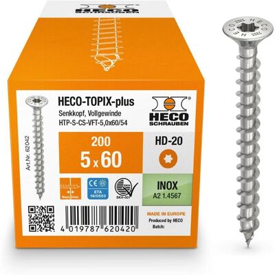 Tornillo de madera Heco-Topix-Plus acero inoxidable - rosca completa, cabeza avellanada 5x60mm Tornillo de madera Heco-Topix-Plus acero inoxidable - rosca completa, cabeza avellanada 5x60mm