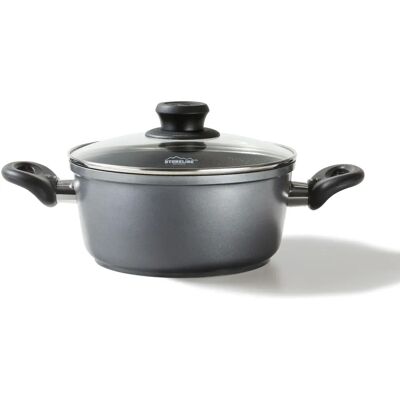 Casserole STONELINE en Aluminium de 24cm avec Couvercle en Verre - Compatible Induction - Publicité Casserole STONELINE en Aluminium de 24cm avec Couvercle en Verre - Compatible Induction - Publicité