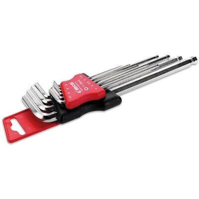 Cimco Sechskant-Stiftschlüssel-Set - 9 Stück, S2 Stahl, Lange Kugelkopf, ChromFinish Cimco Sechskant-Stiftschlüssel-Set - 9 Stück, S2 Stahl, Lange Kugelkopf, ChromFinish