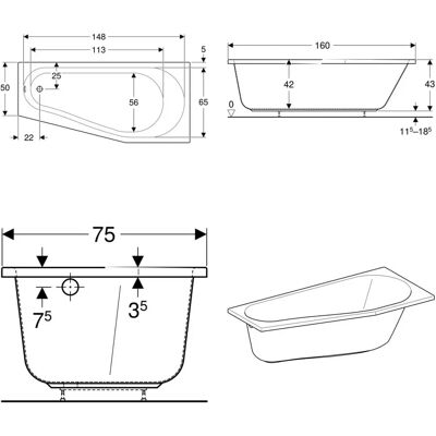 Geberit Renova Kompaktwanne - 1600mm, Weiß, Links - Badewanne Geberit Renova Kompaktwanne - 1600mm, Weiß, Links - Badewanne