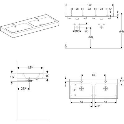 Geberit iCon Doppelwaschtisch - Wandmontage, 1200x485 mm, Weiß Geberit iCon Doppelwaschtisch - Wandmontage, 1200x485 mm, Weiß