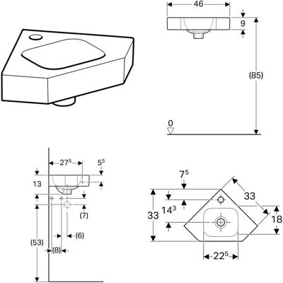 Geberit iCon Waschbecken - Eckmontage, Keramik, Ein Bohrloch, Weiß Geberit iCon Waschbecken - Eckmontage, Keramik, Ein Bohrloch, Weiß