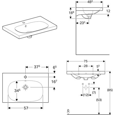Lavabo de Pared Geberit Acanto - Ángulo, Blanco, 750x480mm Lavabo de Pared Geberit Acanto - Ángulo, Blanco, 750x480mm