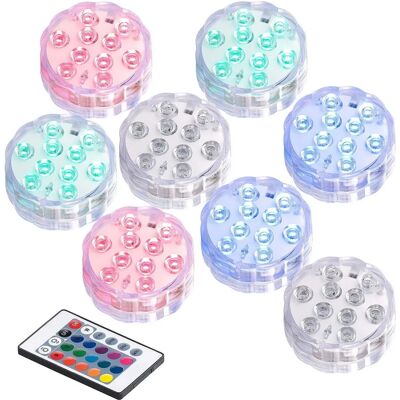 Lunartec - 8 Lampes LED Étanches RGB - 75mm - Télécommande - Publicité Lunartec - 8 Lampes LED Étanches RGB - 75mm - Télécommande - Publicité