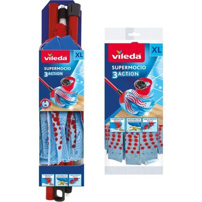 Vileda SuperMocio 3Action XL Compact Mop - Microfiber, Red/Blue - Mop Vileda SuperMocio 3Action XL Compact Mop - Microfiber, Red/Blue - Mop