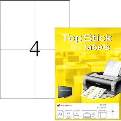 TOPSTICK Weiße Mehrzwecketiketten für Laser- & Tintenstrahldrucker - 105x148mm - 25 Blatt TOPSTICK Weiße Mehrzwecketiketten für Laser- & Tintenstrahldrucker - 105x148mm - 25 Blatt