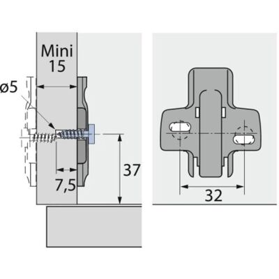 Plaque de montage pour charnières HETTICH - 3mm - Sensys, Intermat Plaque de montage pour charnières HETTICH - 3mm - Sensys, Intermat