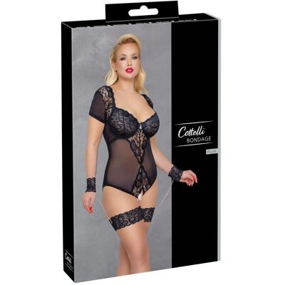 Body abierto de encaje negro de Cottelli Collection con liguero y esposas Body abierto de encaje negro de Cottelli Collection con liguero y esposas
