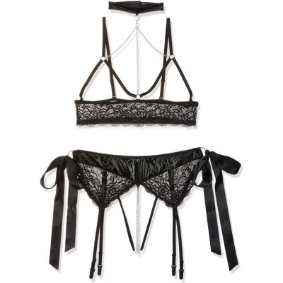 Cottelli Black Wet Look Spitzendessouset mit offenen Cups, Suspender & Handfesseln - Large Cottelli Black Wet Look Spitzendessouset mit offenen Cups, Suspender & Handfesseln - Large
