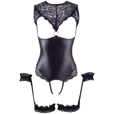 Cottelli Collection Body Open Faux Leather Lace met Jarretelles en Handboeien - Lingerie Sexy Cottelli Collection Body Open Faux Leather Lace met Jarretelles en Handboeien - Lingerie Sexy