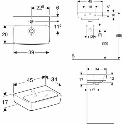 Geberit Weiß Handwaschbecken - Renova Plan Waschbecken 45x34 cm mit mittigem Hahnloch Geberit Weiß Handwaschbecken - Renova Plan Waschbecken 45x34 cm mit mittigem Hahnloch