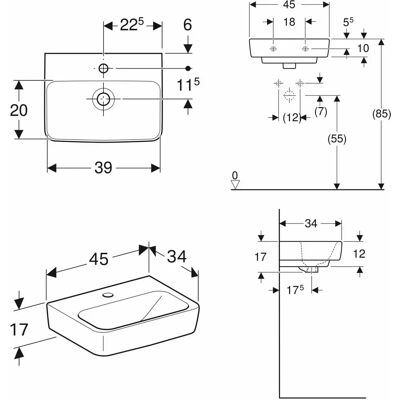 Lavabo de pared Geberit Renova Plan - 45x34cm, Blanco, 1 agujero Lavabo de pared Geberit Renova Plan - 45x34cm, Blanco, 1 agujero