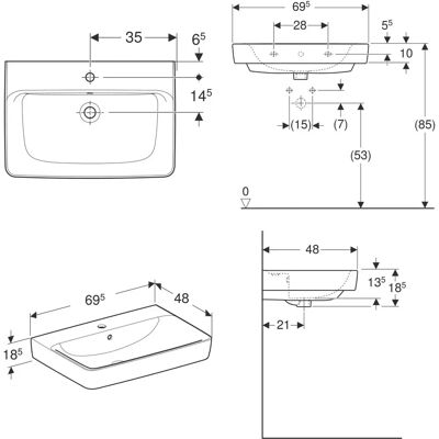 Geberit Renova Plan Waschbecken - 70x48cm, mit Hahnloch & Überlauf Geberit Renova Plan Waschbecken - 70x48cm, mit Hahnloch & Überlauf