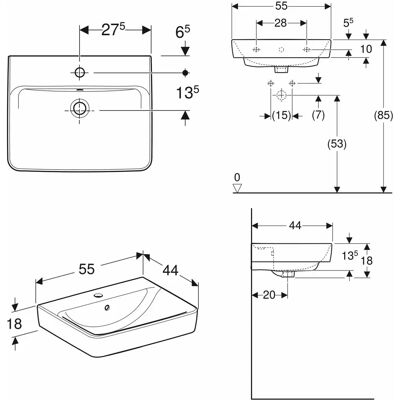 Geberit Renova Plan Waschbecken - Rechteckig, 55x44cm, Weiß, Wandmontage Geberit Renova Plan Waschbecken - Rechteckig, 55x44cm, Weiß, Wandmontage