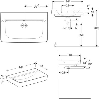 Lavabo Geberit Renova Plan 75x48cm de cerámica - Montaje en pared Lavabo Geberit Renova Plan 75x48cm de cerámica - Montaje en pared