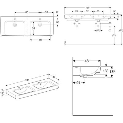 Geberit Renova Plan Dobbel Vask - Vægmontering, Keramik, Med overløb, 130x48 cm Geberit Renova Plan Dobbel Vask - Vægmontering, Keramik, Med overløb, 130x48 cm