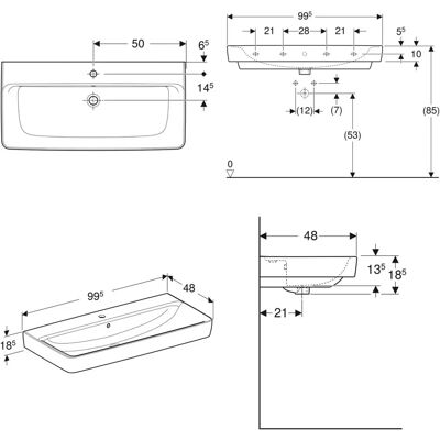 Geberit Renova Plan Waschbecken - 100x48 cm, Weiß, Mittiges Hahnloch Geberit Renova Plan Waschbecken - 100x48 cm, Weiß, Mittiges Hahnloch