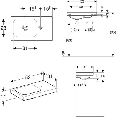 Lavabo rectangular de cerámica Geberit iCon Light - Orificio a la derecha Lavabo rectangular de cerámica Geberit iCon Light - Orificio a la derecha